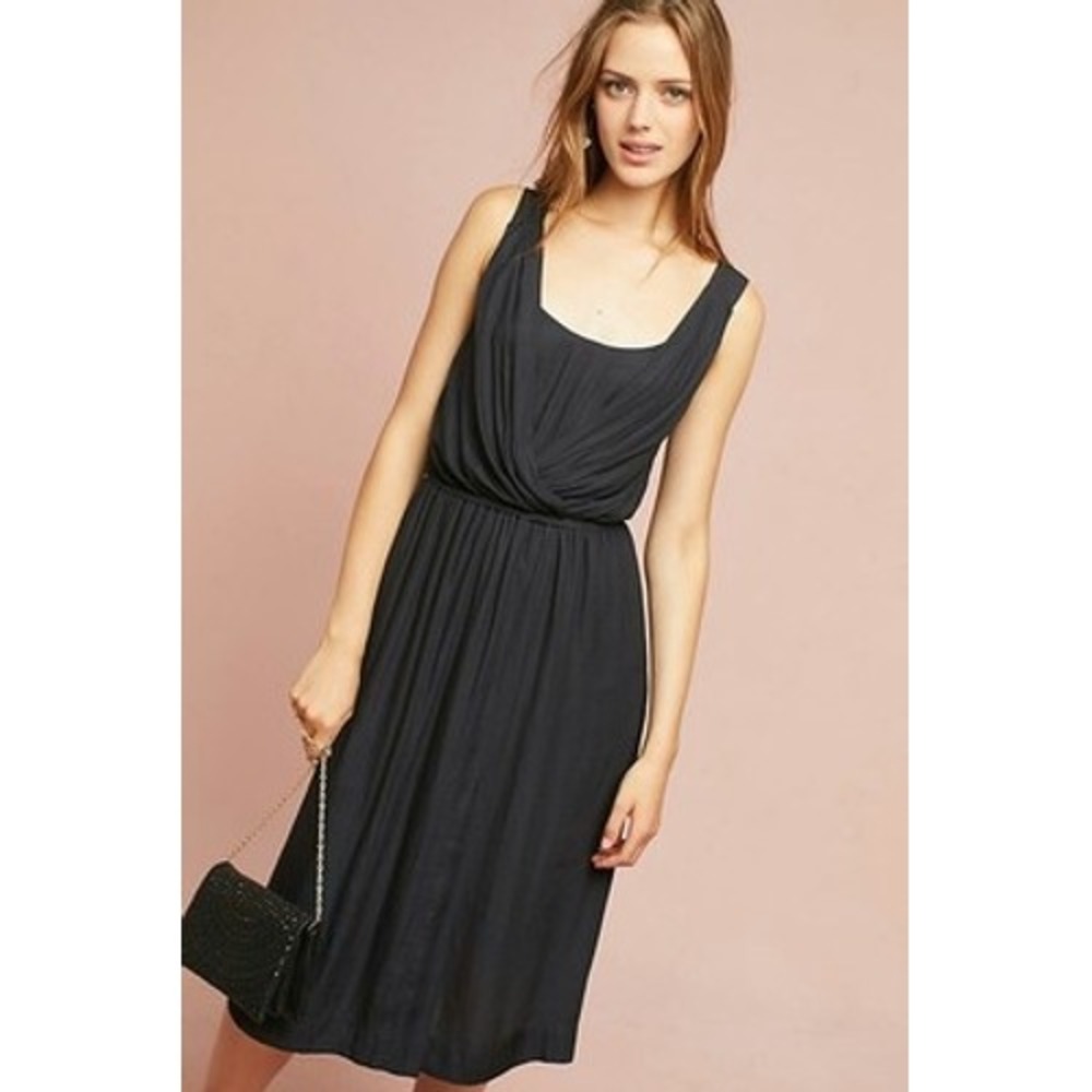 Maeve Anthropologie Black Draped Surplice Elastic Waist Midi Dress XS Sleeveless